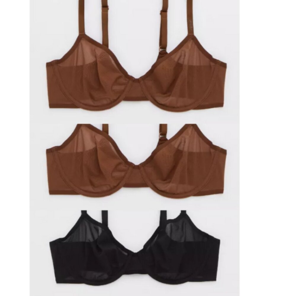 Smoothez Aerie Unlined Mesh Sheer Bras 3 Pack Black & Brown 32C NWT Breathable